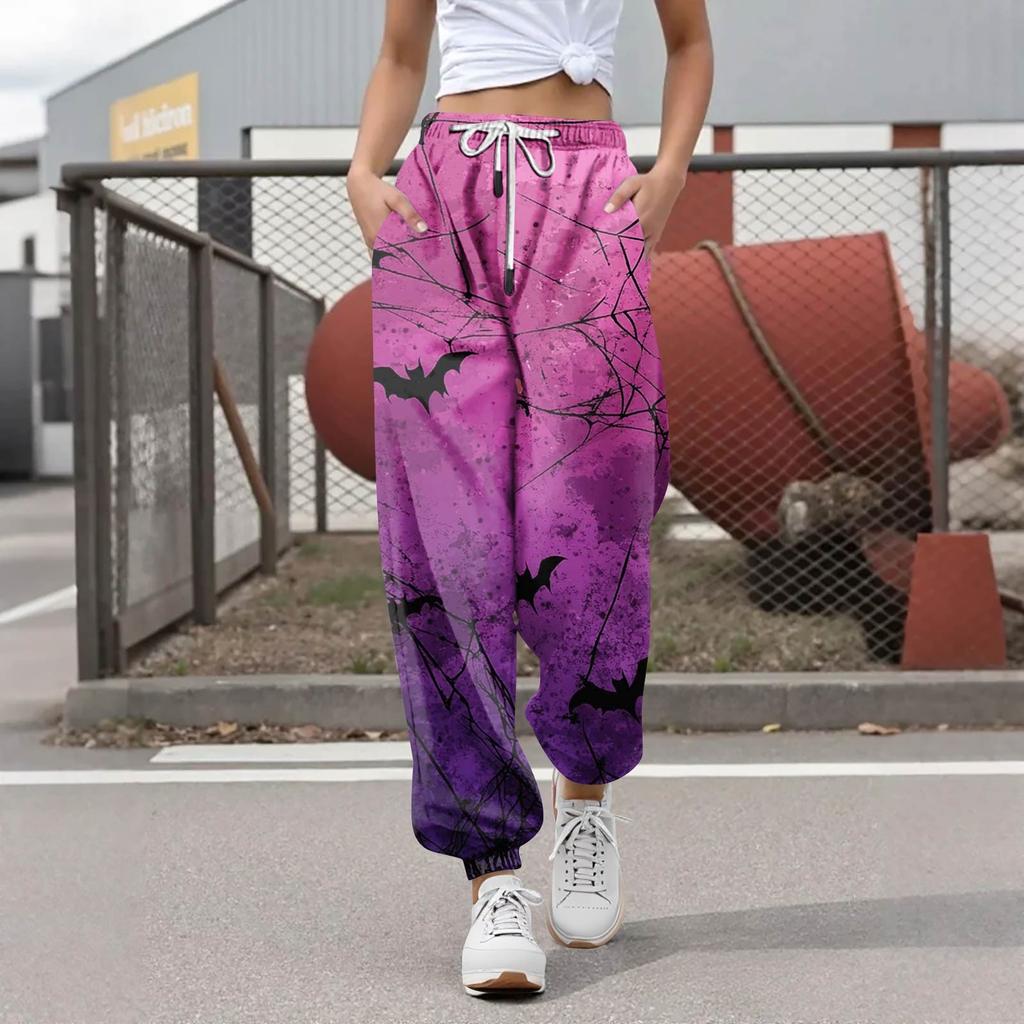 Pantalon de survêtement décontracté à imprimé Halloween pour femme, pantalon de loisirs, taille élastique avec cordon de serrage, pantalon à cordon de serrage