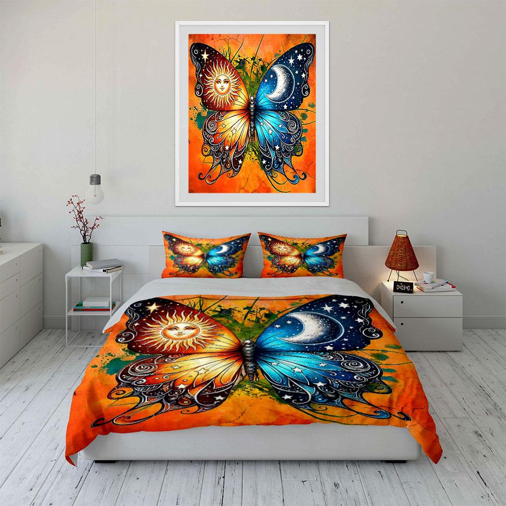 Butterfly with sun, moon. Bedding sets Duvet cover sets Duvet covers Pillowcases(1* Duvet Cover 2* Pillowcases without duvet insert)