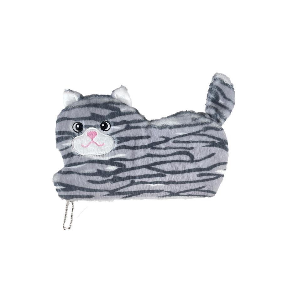 Striped Cute Cat Pencil Case In Grey Brown And Yellow Ideal For Students Stylish Bag Storage
