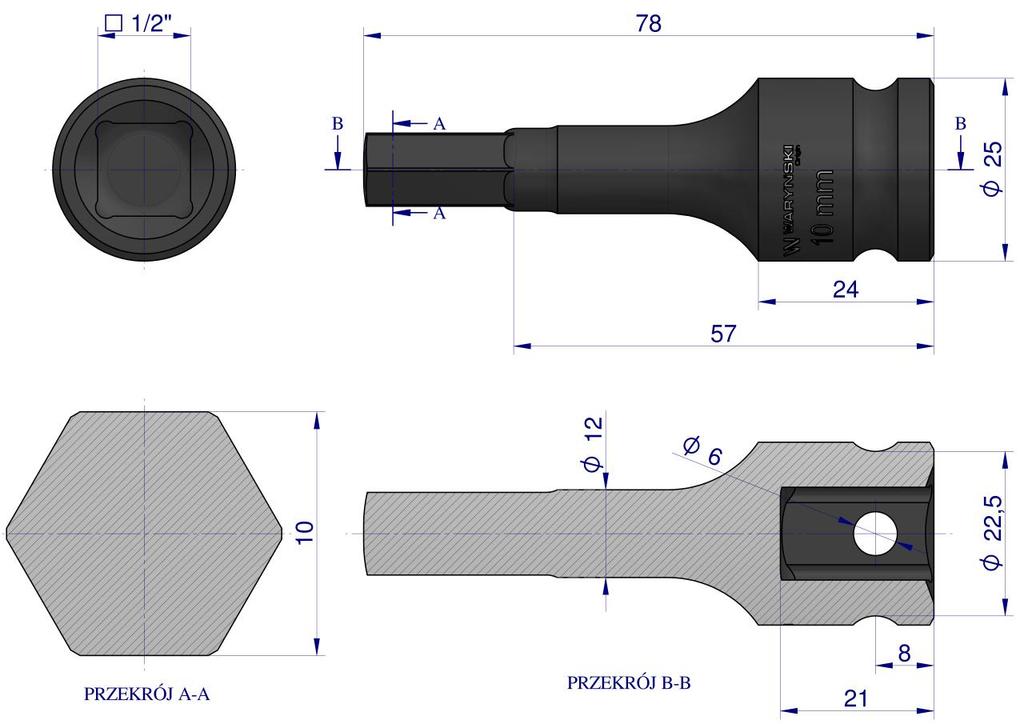 Impact socket 1/2", 10mm hex H10 made of CrMo steel, Waryński