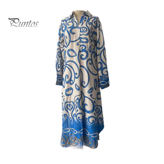 

Осень-весна платье макси соответствующего цвета с принтом и отворотом с V-образным вырезом и длинными рукавами, свободное до середины икры, повседневная одежда, повседневное платье-миди L светло-синий