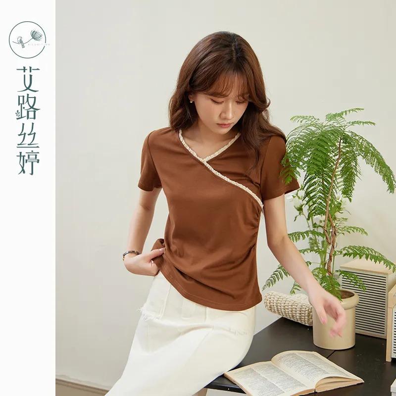 

Women s New Chinese Style Asymmetrical Trim Short Sleeve T-Shirt L темно-коричневого