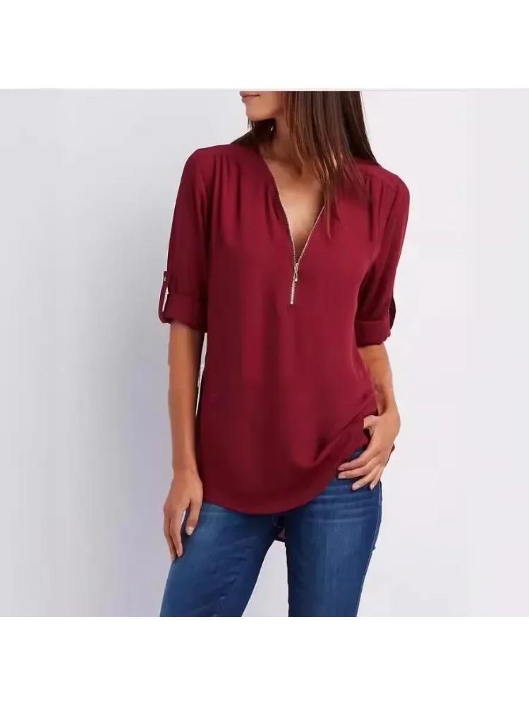 2026 Dames Cool Los Shirt Diepe V-hals Chiffon Mode Blouse Casual Dames Tops Sexy Rits Pullover Grote Maten