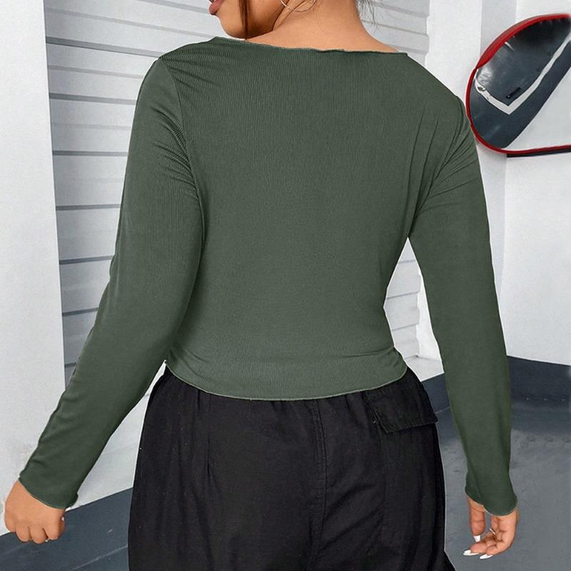 Plus Size Women Long Sleeve V Neck Cropped Slim Fit Base Layer T Shirt Top