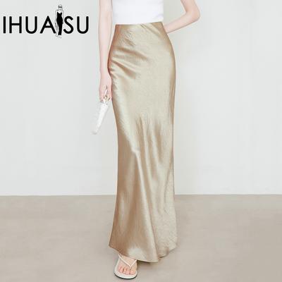 Women's Summer Satin Bustier High-waisted Elastic Hand-gripped Floral Pattern Long Skirt Temperament and Elegant Solid-coloured Long Skirt