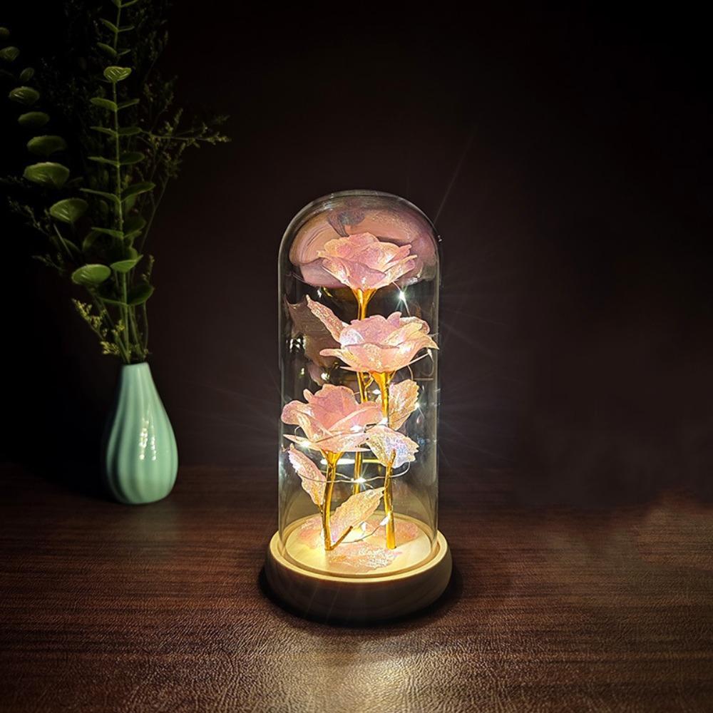 Romantic Artificial Rose Light with Acrylic Cover 3 Heads Rose Light Up Rose Simulation Luminous Eternal Rose Lamp Mothers Day