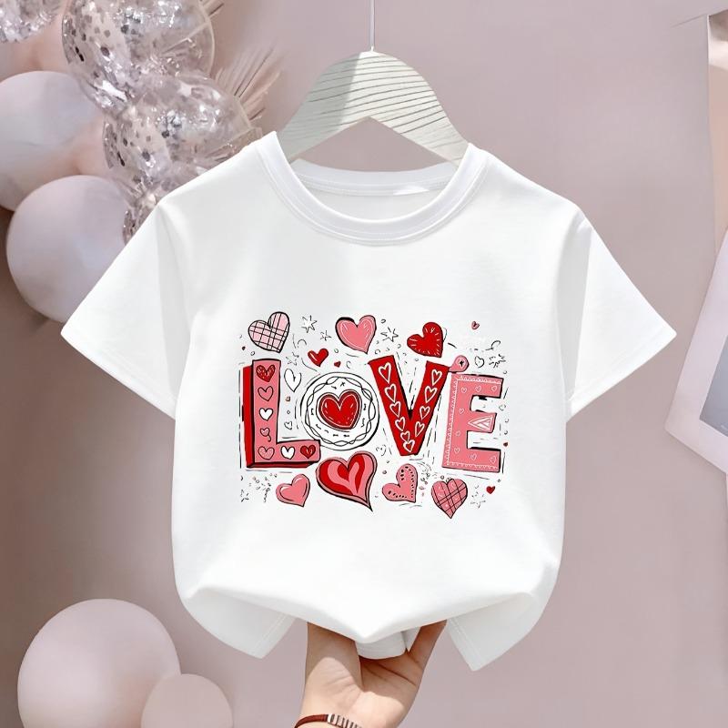 Kids Crewneck Short Sleeve Tee, Happy Valentine s Day Heart Letter Cartoon Print, Breathable Cool Spring Summer Casual Top 110 белый