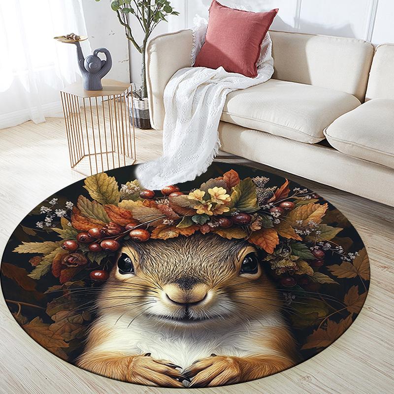 Herbst-Eichhörnchen Runder Teppich, Teppich für Wohnzimmer Schlafzimmer Sofa Spielzimmer Dekor, Rutschfeste Fußmatte