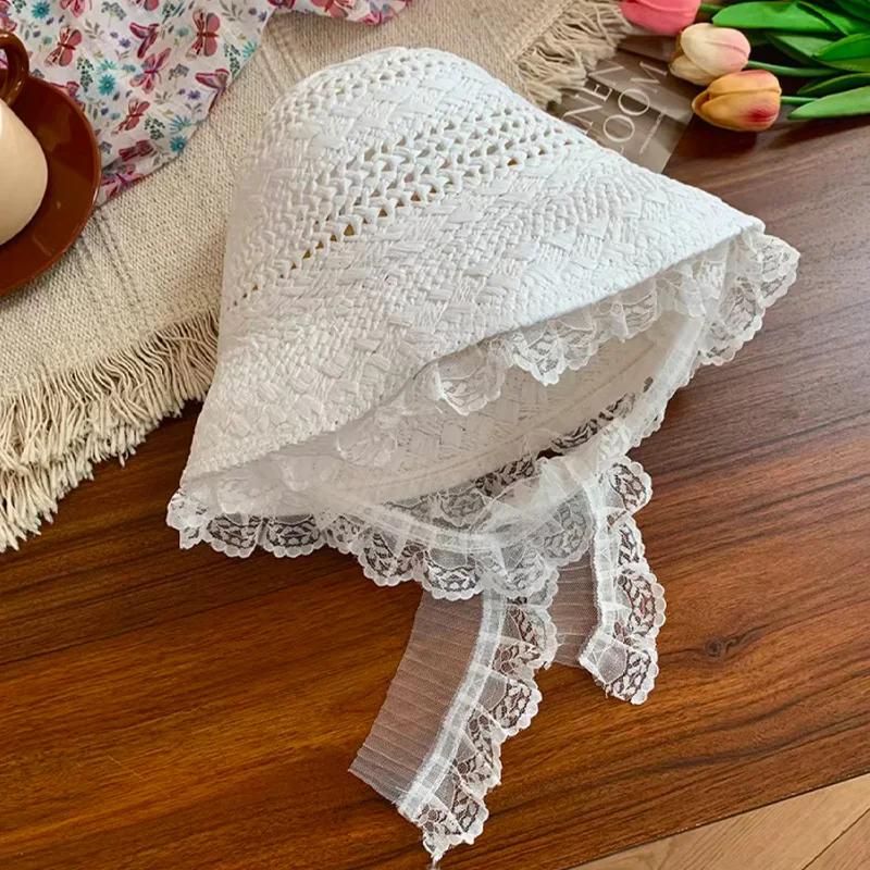 New Korean Simple Lace Big Brim Straw Hat for Women's Summer Outdoor Hollow Breathable Sunshade Seaside Vacation Sun Hats