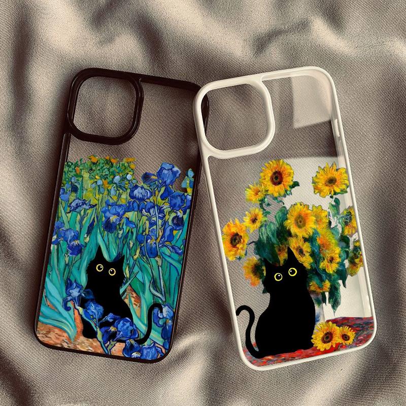 Retro Van Gogh Black Cat Phone Case for iPhone 16 14 15 13 11 12 Pro MAX XS XR 7 8Plus Oil Paint Transparent Hard Cover Cases