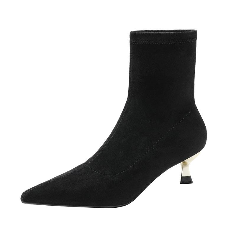 

Осень и зима новые остроносые короткие ботильоны женские мягкая кожа модный каблук-рюмочка замшевые эластичные тонкие ботинки тонкий каблук голые ботильоны 40