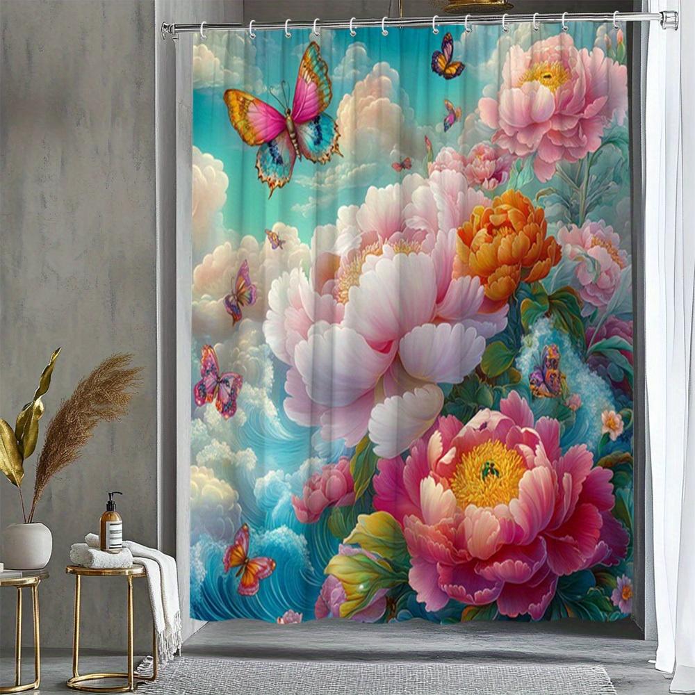 Enchanted Floral & Butterfly Print Waterproof Shower Curtain for Bathroom,Dreamy Garden Design High-End Toilet Partition Curtain W90XH180cm