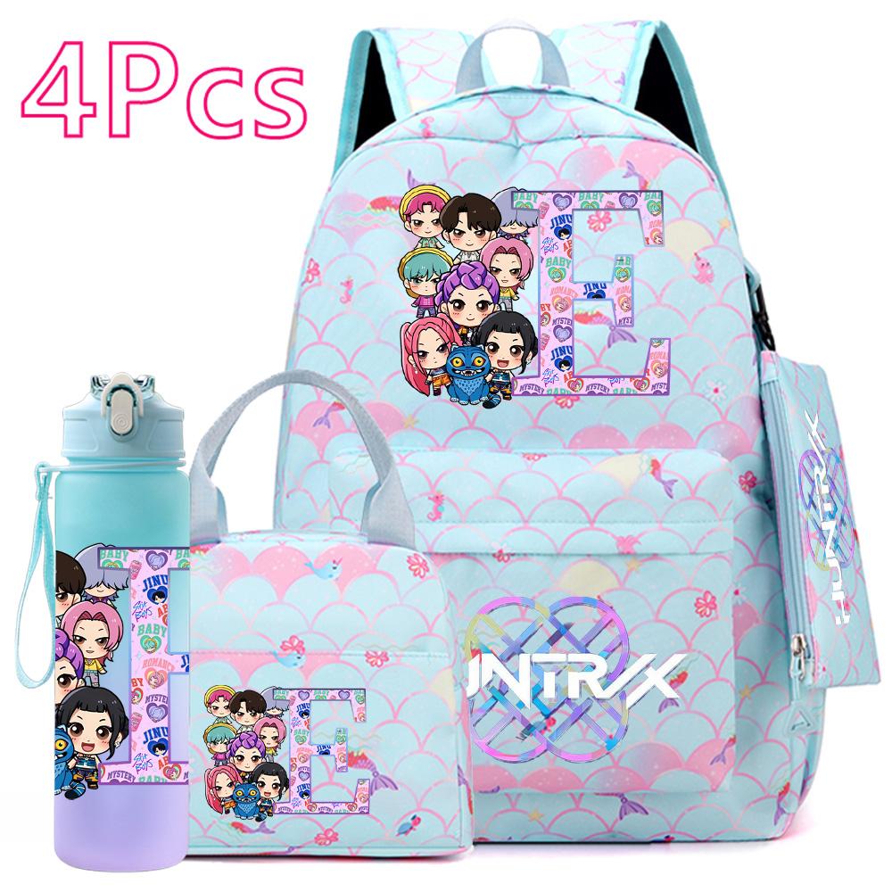 4 st/set 26 engelska bokstäver K-POP Tryckt Ryggsäck med Handväska Pennfodral 750 ml Vattenflaska för Tonåring Elev Pojke Flicka Stor Kapacitet Skolväska