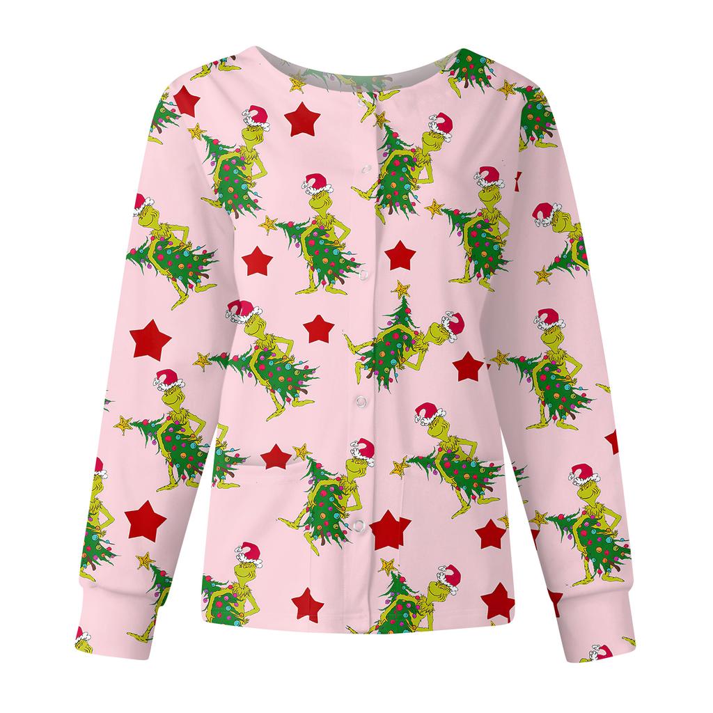 Women's Casual Fashion Long Sleeve Standing Collar Single Breasted Christmas Print Workwear Jacket Tops