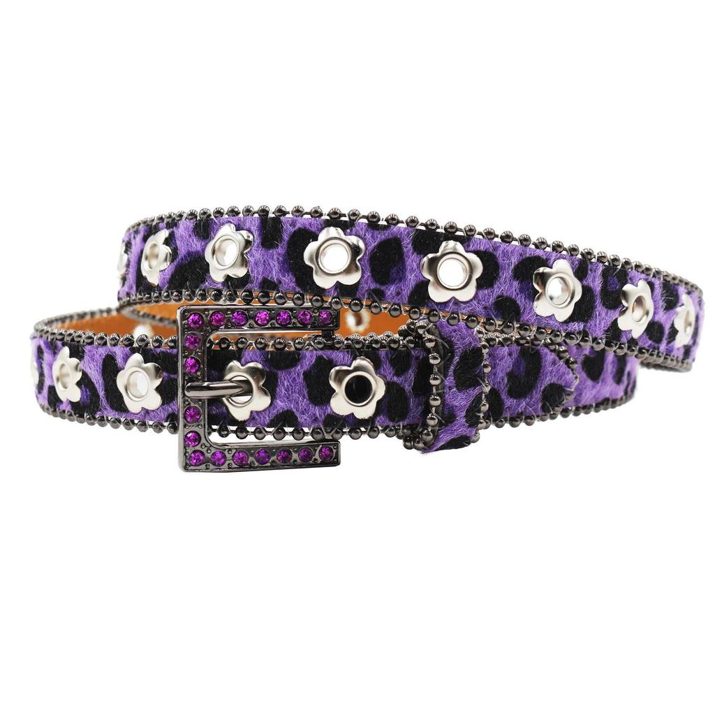Luxury 2.3cm Leopard Print Leather Belt with Floral Eyelets & Rhinestones, No Punching Needed, Pin Buckle, Fully Diamond-Encrusted.