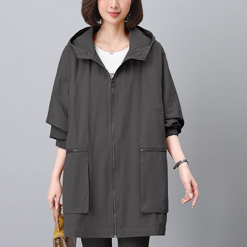 

Тренч с капюшоном большого размера 2024 - Приталенная осенняя мода средней длины для женщин XL (120-140 kg recommendation) серый/синий