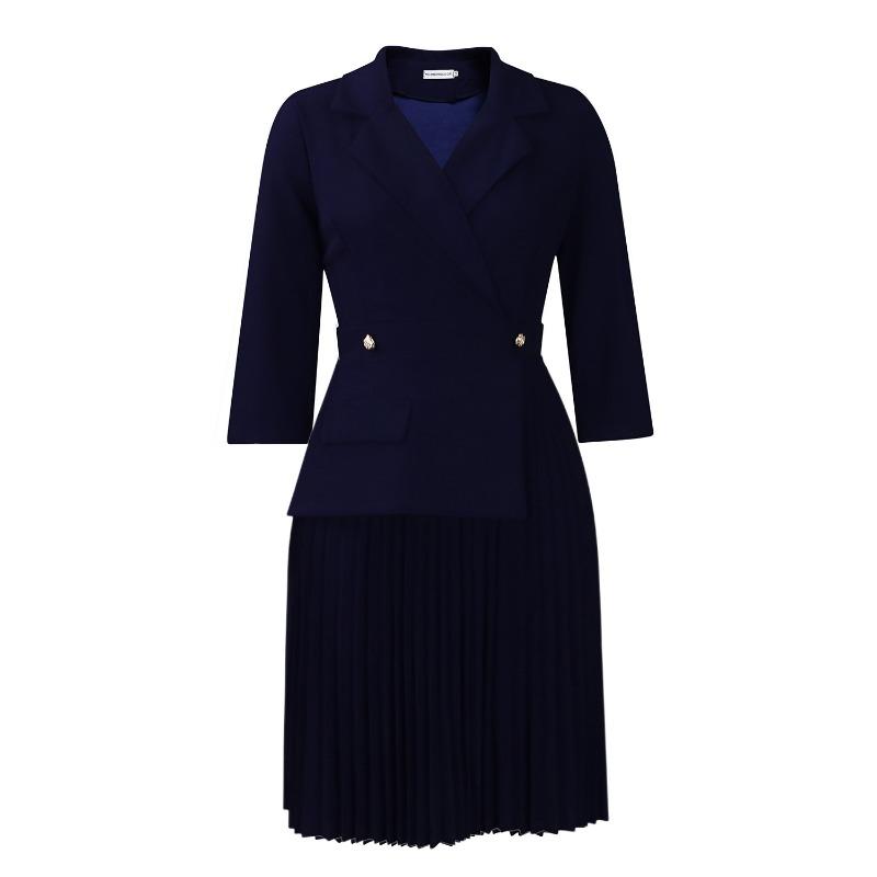 

Women s clothing autumn new fashion temperament suit collar solid color pleated dress S