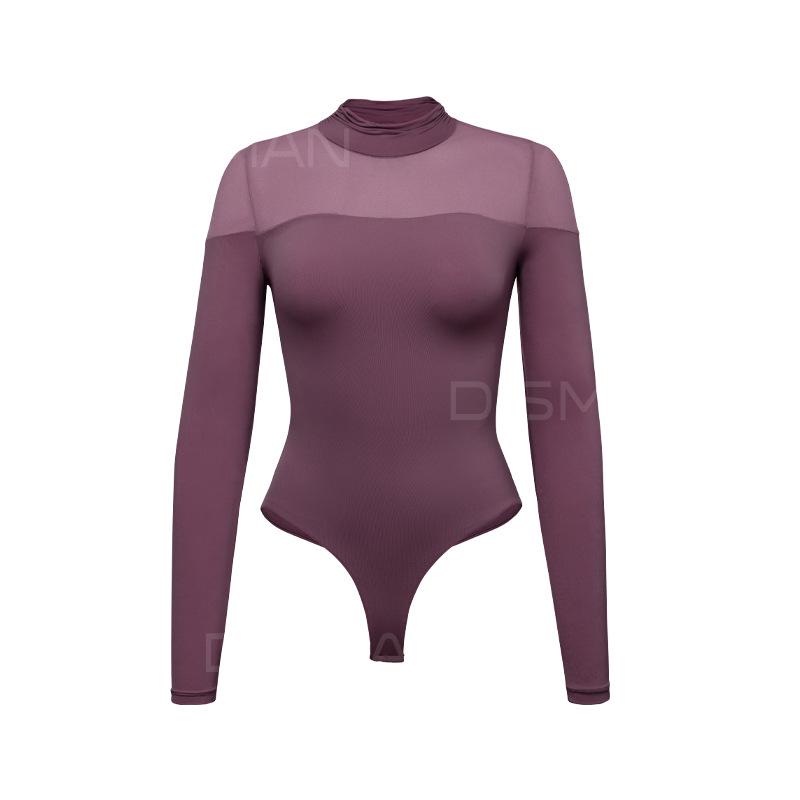 Sexy Mesh Patchwork Slim-Fit Bodysuit with High Neck and Long Sleeves