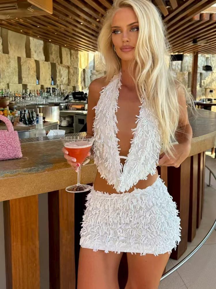 European & American Sexy Halter V-Neck Slimming Short Skirt Set for Women