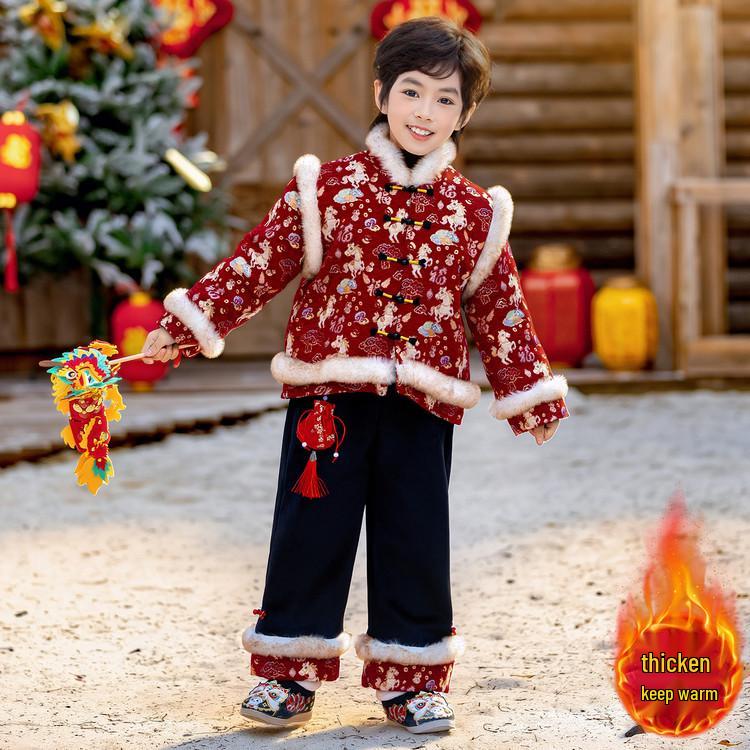 Boys' Plush Winter Hanfu & Girls' Thick Tang Suit, Chinese Style New Year Outfit
