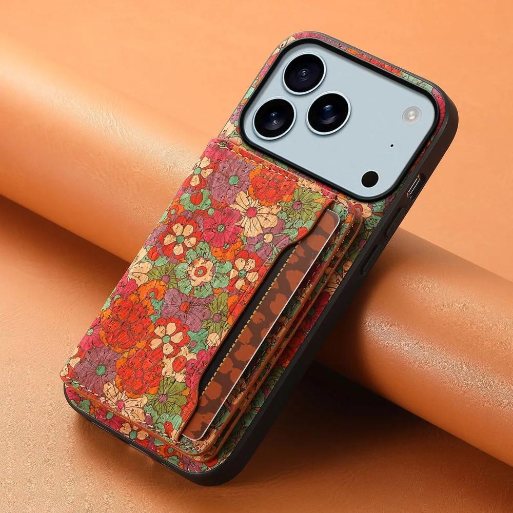 Flower Style Phone Case for iPhone 17 Pro Max 17Air 16e 16 15 Plus 14 13 12 11 Wine Cork Wood Synthetic Leather Card Slot Wallet