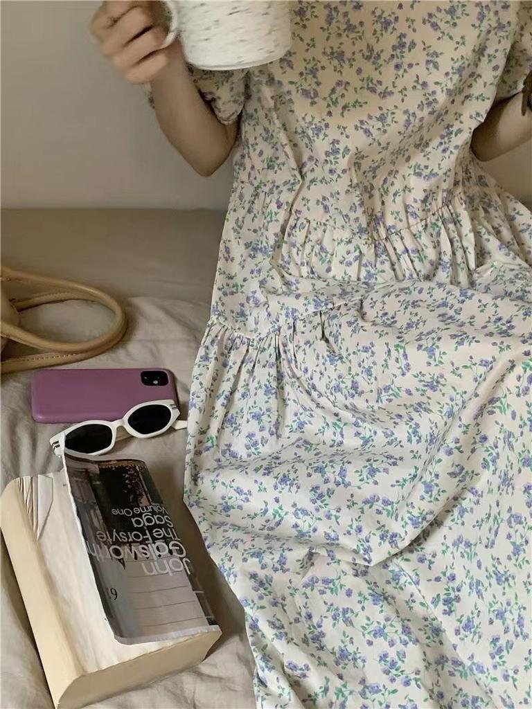 Summer New Seaside Holiday Temperament Floral Dress Platycodon Tea Break French Long Dress Women's Summer Dress