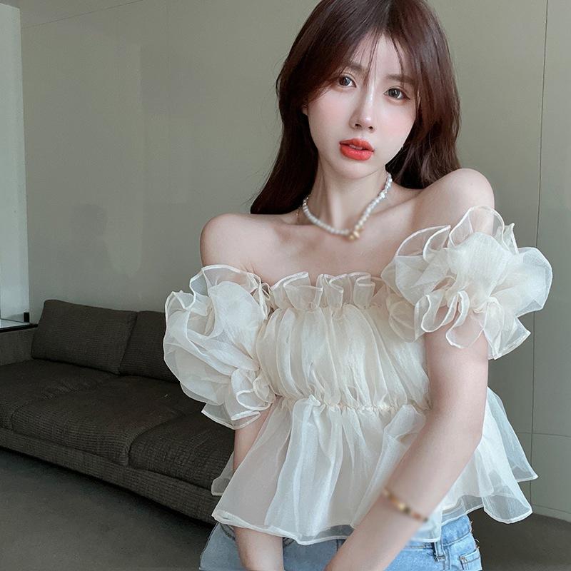 Women Short Puff Sleeve T-shirt Chiffon Short Puff Sleeves Breathable Apricot Sweet Square Neck Top