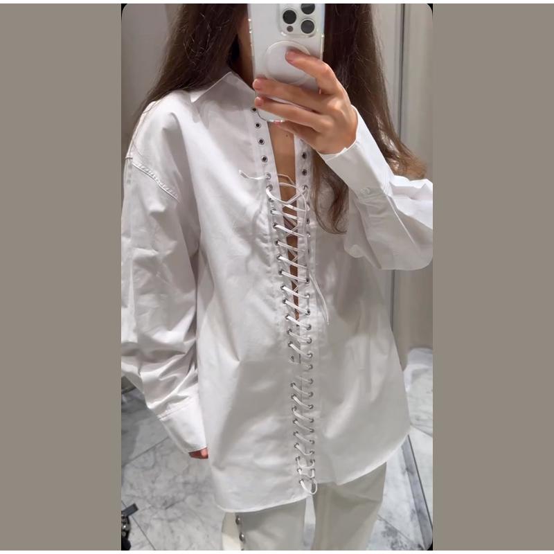 Loose Lapel Hollow Out Women's Shirt White Long Sleeve Bandage Lace Up Female Shirts 2025 Spring Summer Fashion Lady Top Street