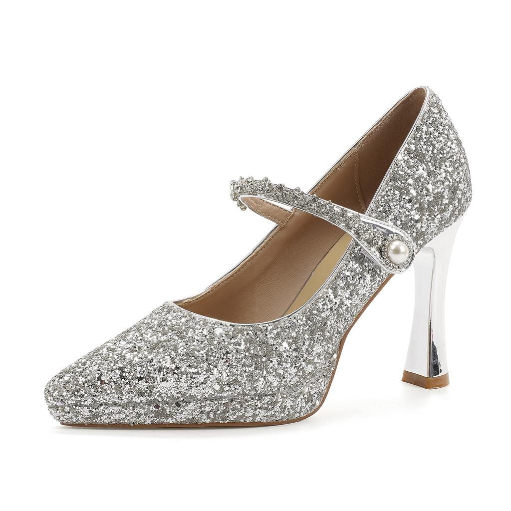 10525 [sheepskin] high heels women's thick heel 2025 new wedding shoes pointed silver waterproof table single shoes