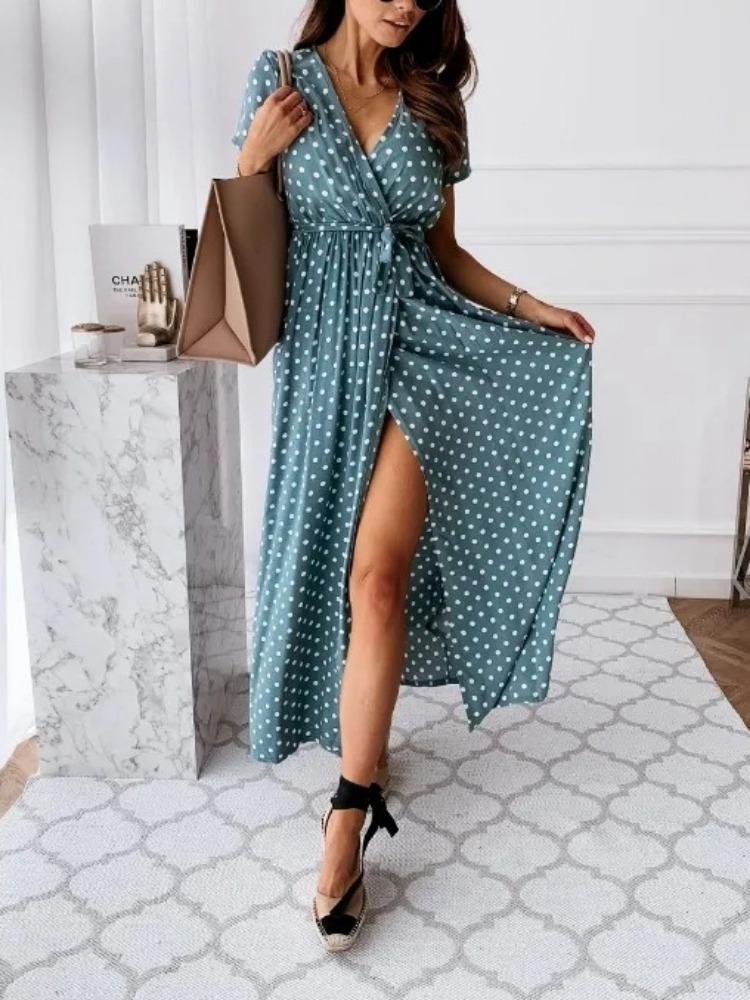 Summer Women's Fashion V-neck Dress Belt Slit Casual Loose Fitting Dress Versatile Solid Color Polka Dot Printed Dress