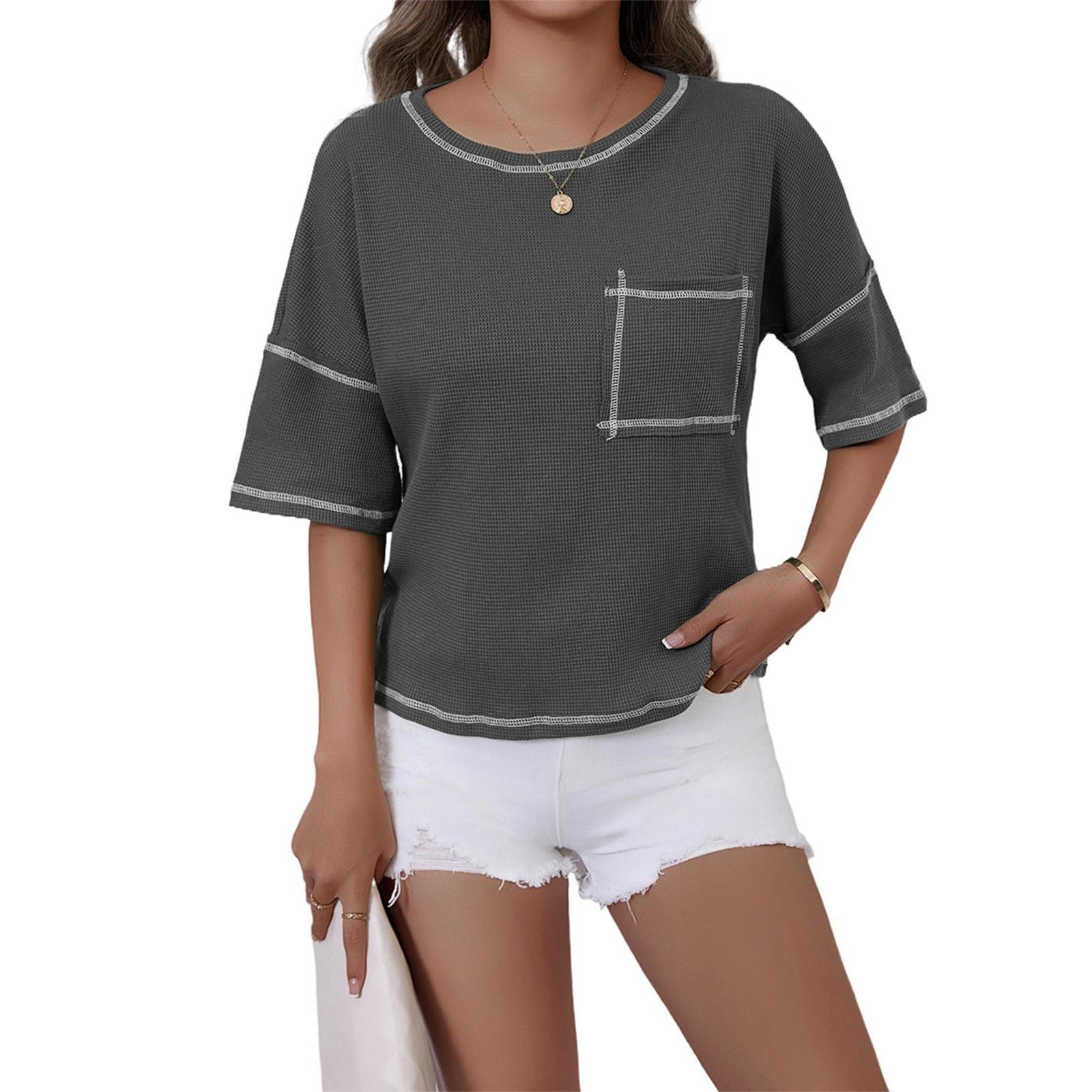 

Женская мода однотонный круглый вырез короткий рукав карман свитер повседневная футболка топ XXL