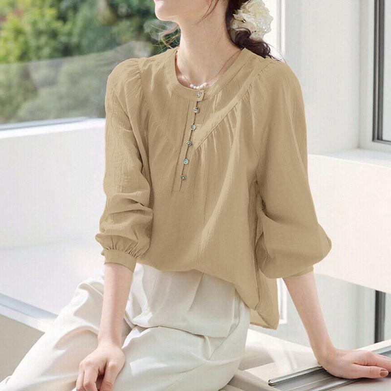 ZANZEA Women Casual Round Neck Solid Color Long Sleeve Cover Up Blouse