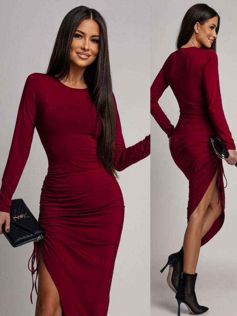 European American Sexy Slimming Solid Color Hip-Hugging Dress - Long Sleeve, Round Neck, Drawstring, Slim Fit.