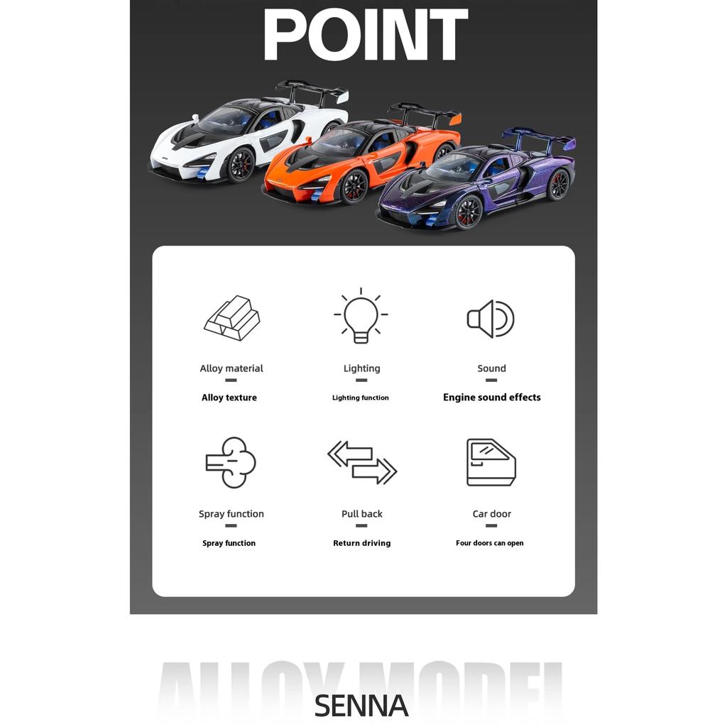 1/24 McLaren Senna Spray Sports Car Model Simulation Sound and Light Car Model Ornament Boy Gift Halloween Toys