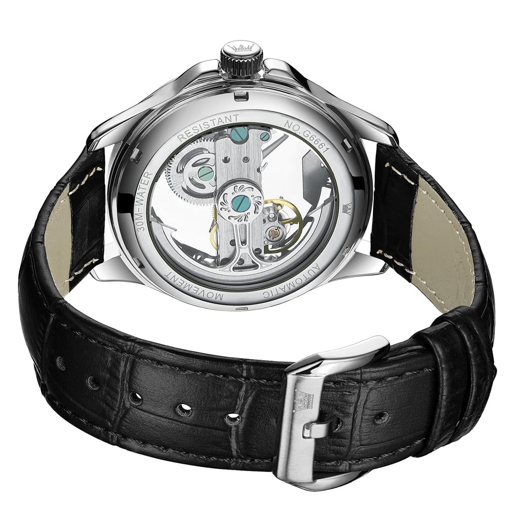 OLEVS Mechanical Automatic Manual Transparent Clear Leather Black Men's Watch, & Winding, Skeleton, Strap, Fashionable, Luminous, Waterproof,