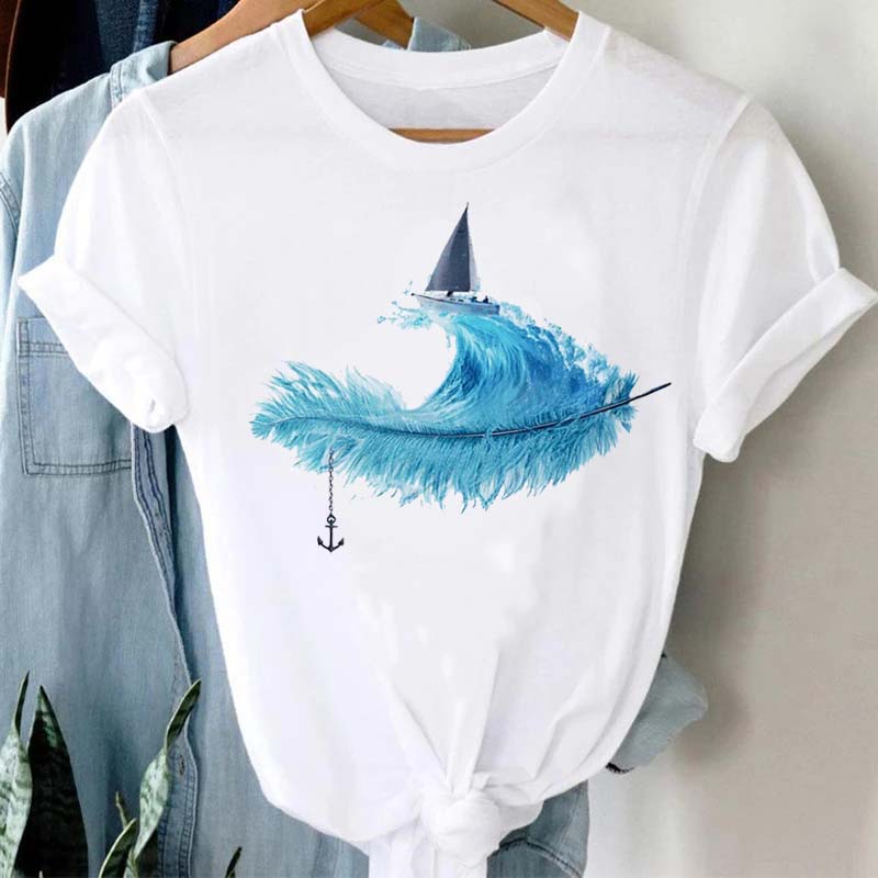 Women's T-shirt Watercolor Feather Graphic Printed T Shirt Women Short Sleeve Tshirt 90s Streetwear Female Clothes Tops
