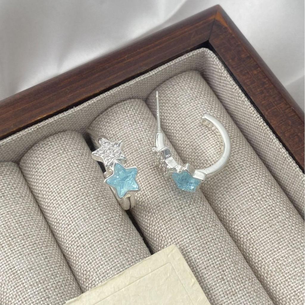 Elegant Zirconia Star Stud Earrings - Fresh Blue C-Shape Design for Spring and Summer