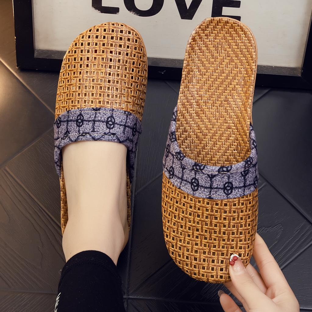 Linen slippers summer breathable rattan straw mat woven flat bottom men's and women's spring and autumn European indoor cool slippers small daisies