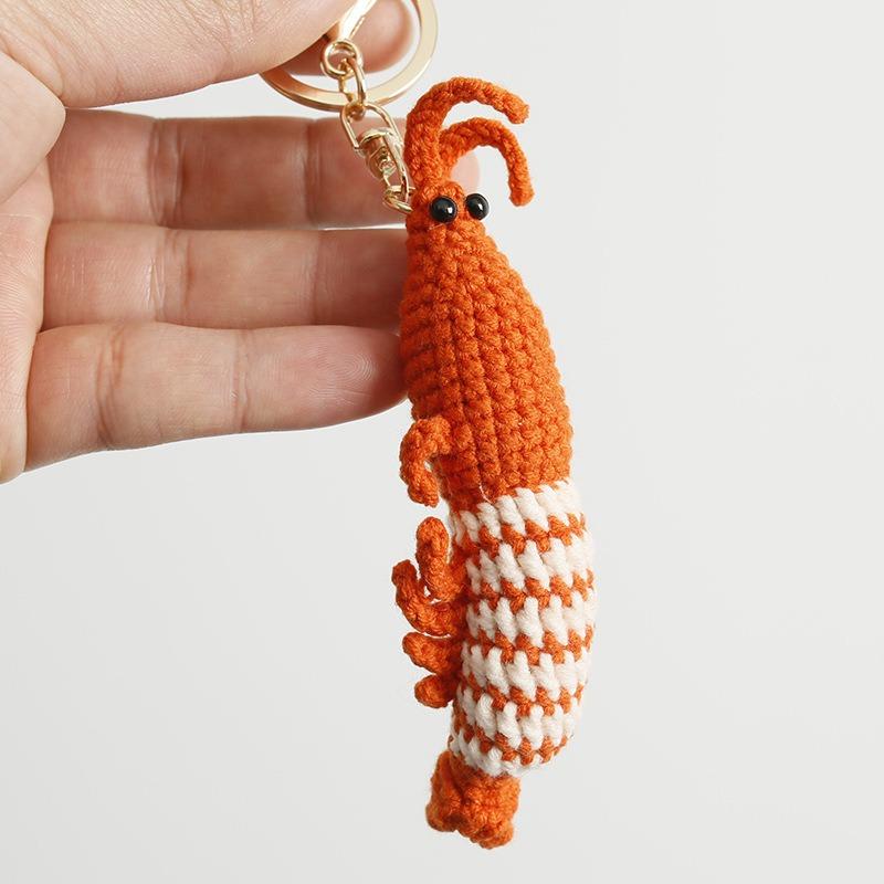 Cute Shrimp Charm Keychains Cartoon Mini Hand Knitted Car Keyring Lovely Handmade Weaving Bag Charms Backpack Handbag Pendant