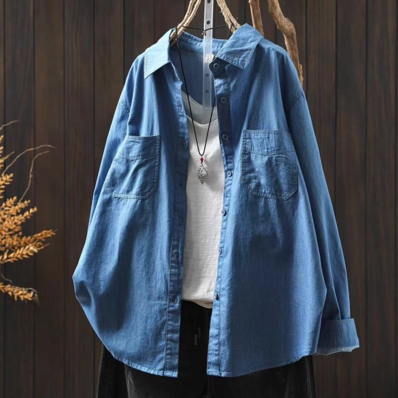 

Johnature Women Vintage Shirts Solid Color Patchwork Pockets Autumn Button Turn-down Collar Loose Shirts One Size