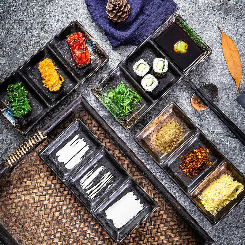 Japanese-Style Ceramic Three-Grid Sauce Dish, Ingredients, Dim Sum Dish, Rectangular Sauce Dish, Hot Pot Barbecue, Rectangular Dipping Dish