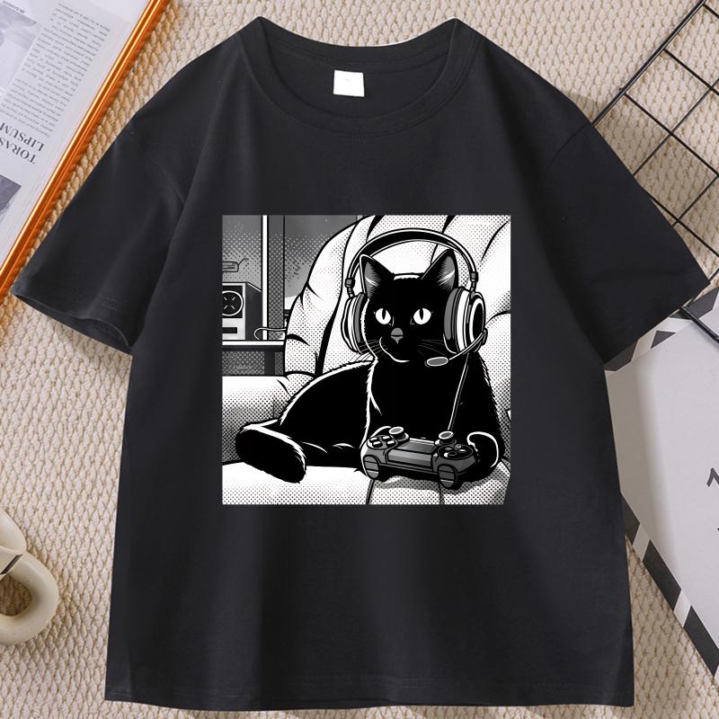 

Men s Casual Black Cat Graphic T-Shirt Cotton Short Sleeves Crew Neck Cat T Shirt Menswear Top Men Loose Printed Clothes L