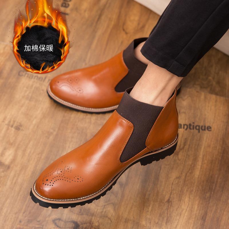 2025 men's winter boots Chelsea middle-aged men's leather shoes men's shoes casual dress velvet British leather shoes