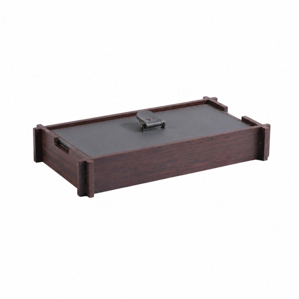 Wood Storage Box with Leather Panel Hand-Finished Tray Metal Handle