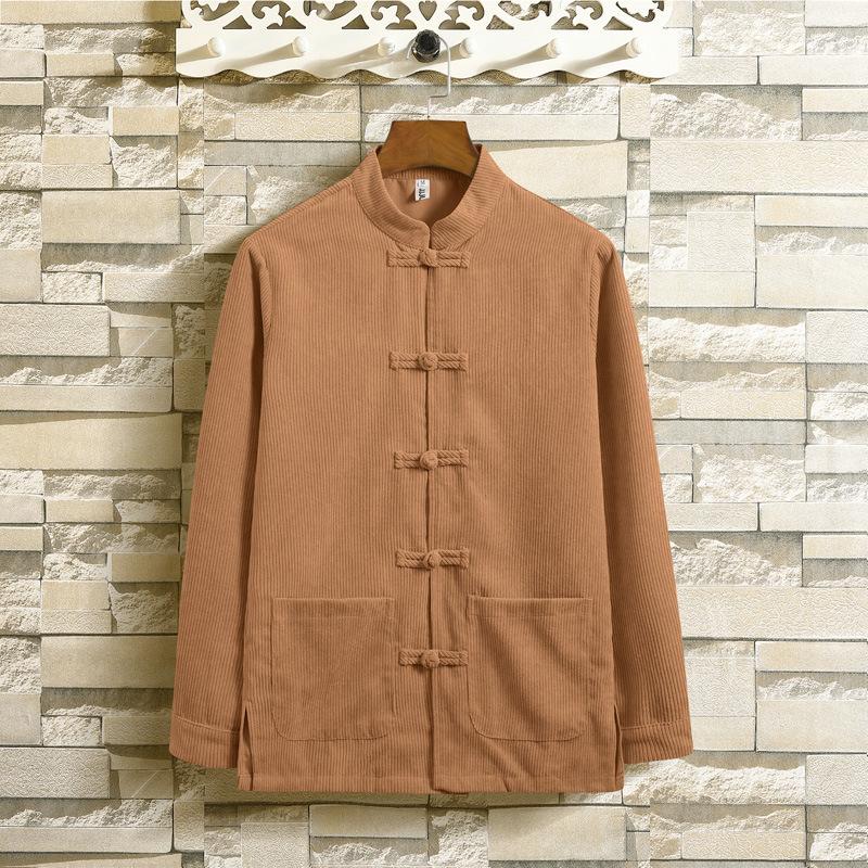 Spring and Autumn Large Size Retro Corduroy Long Sleeve Shirt Jacket Chinese Style Ancient Costume Button Top Tai Chi Clothing