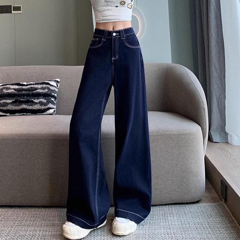 

Women s High-Waist Straight-Leg Jeans with Leather Patch - Blue Wide-Leg, Floor-Length Denim for Autumn and Winter. L джинсовый синий