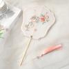 Handmade Embroidery Ancient Style Long Handle Fan Classical Flower Shape Fan  Summer