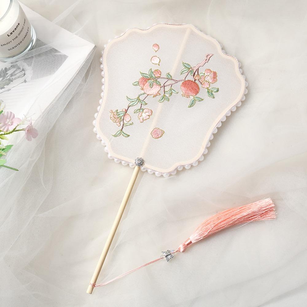 Handmade Embroidery Ancient Style Long Handle Fan Classical Flower Shape Fan  Summer