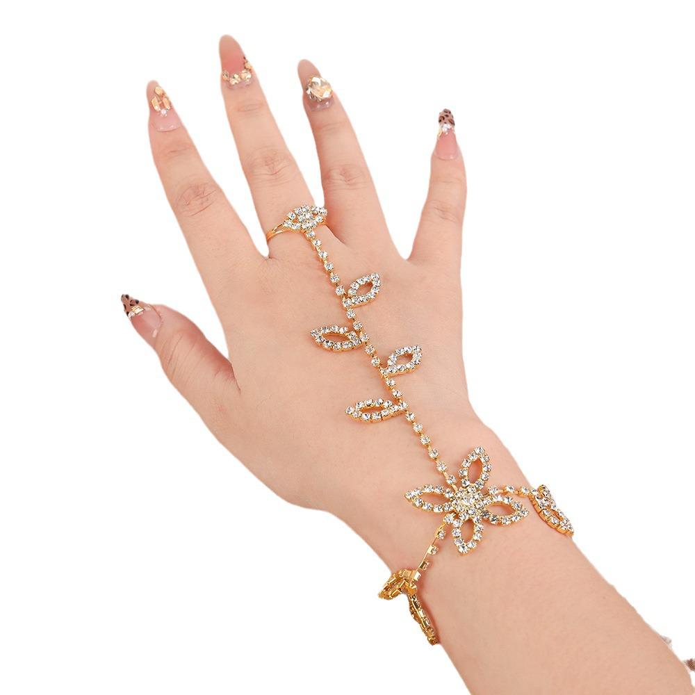 Korean Style Women's Rhinestone Leaf Hand Chain Bracelet - Elegant High-End Design