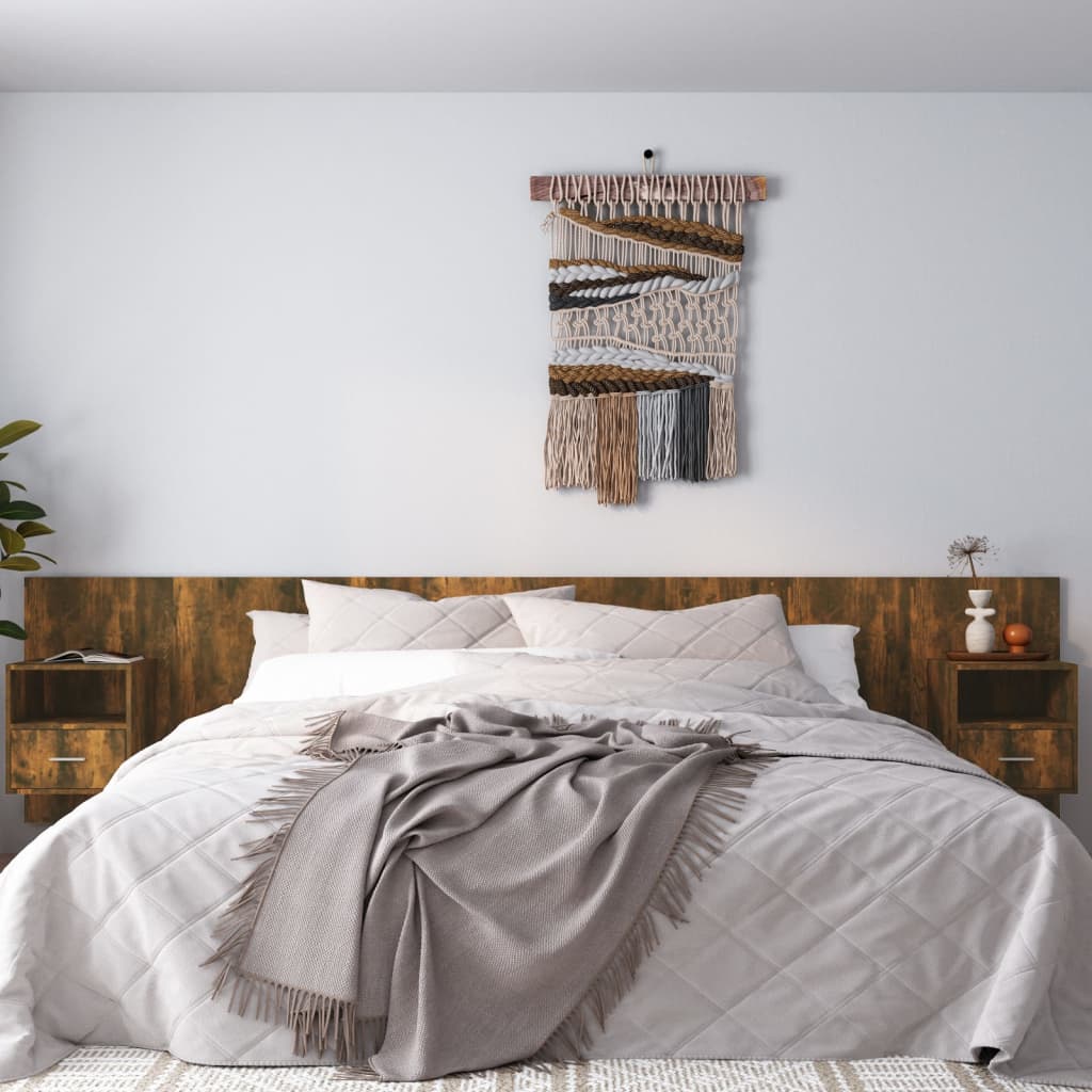 Bed Headboard with Nightstands Smoked Oak Wood Based Material